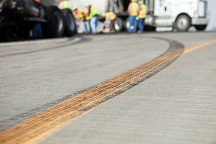 tire marks on a highway in front of workers cleaning up a semi crash scene