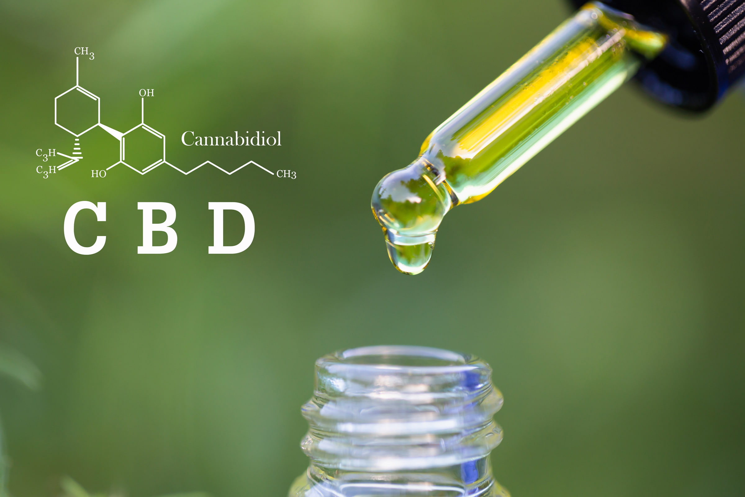 CBD chemical formula and oil in pipette