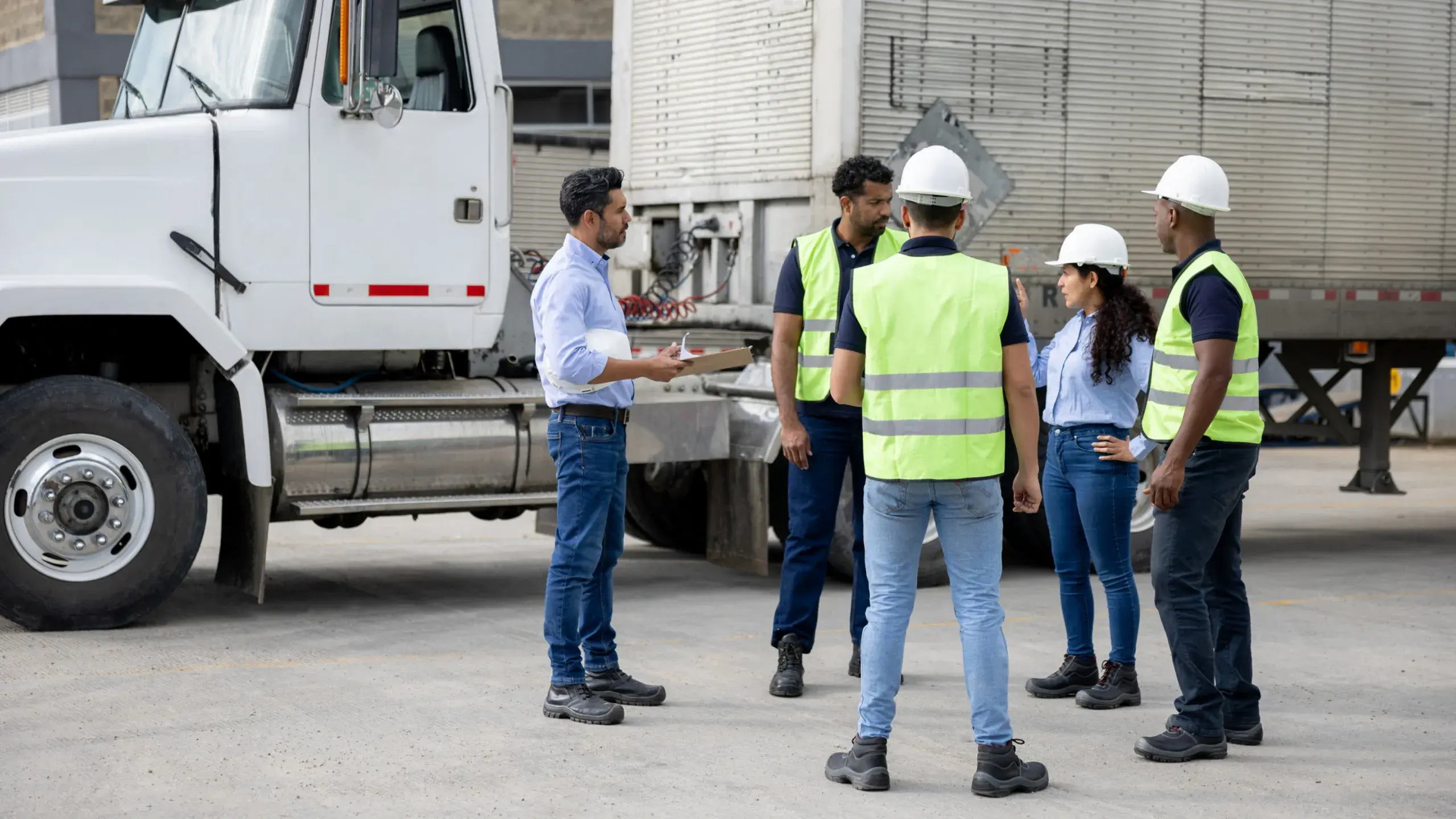 Group of employees talking in a staff meeting at a distribution warehouse